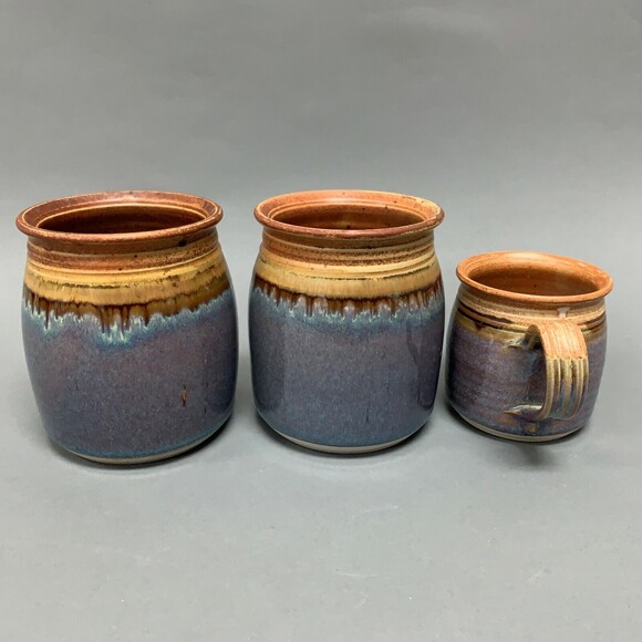 Royce Yoder Stoneware Pottery Purple Multicolor Jars Containers Cup Lot of 3 - Picture 5 of 7